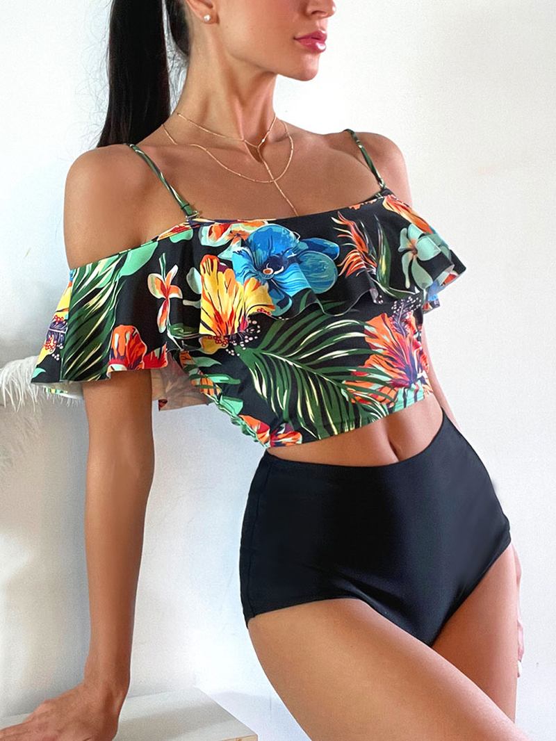 Tropical Plant Med Tryck Volanger Spaghetti Straps High Waisted Bikinis Dam Baddräkt