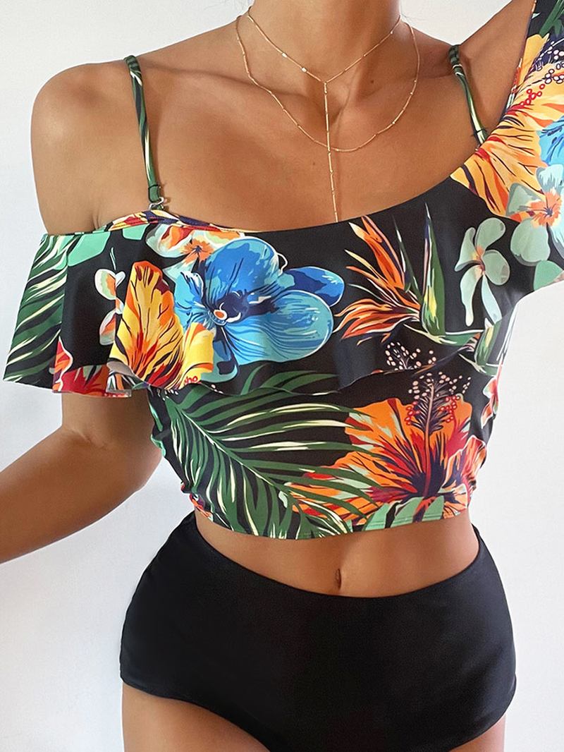 Tropical Plant Med Tryck Volanger Spaghetti Straps High Waisted Bikinis Dam Baddräkt