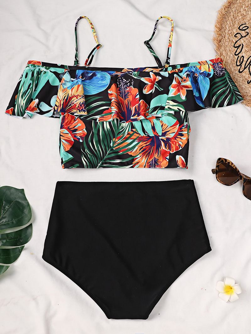 Tropical Plant Med Tryck Volanger Spaghetti Straps High Waisted Bikinis Dam Baddräkt