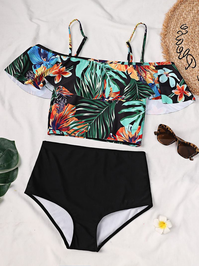 Tropical Plant Med Tryck Volanger Spaghetti Straps High Waisted Bikinis Dam Baddräkt