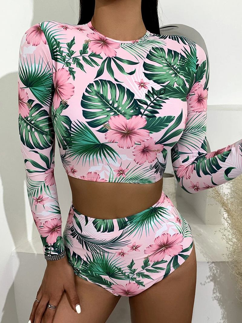 Tropical Plant Med Tryck Zip Back Långärmad High Waisted Bikinis Dam Beach Baddräkt