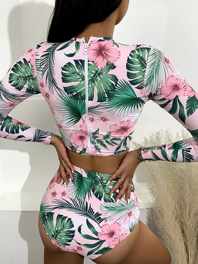 Tropical Plant Med Tryck Zip Back Långärmad High Waisted Bikinis Dam Beach Baddräkt