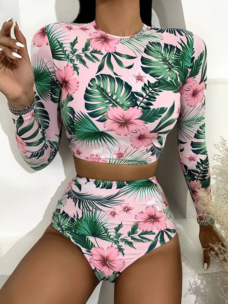 Tropical Plant Med Tryck Zip Back Långärmad High Waisted Bikinis Dam Beach Baddräkt