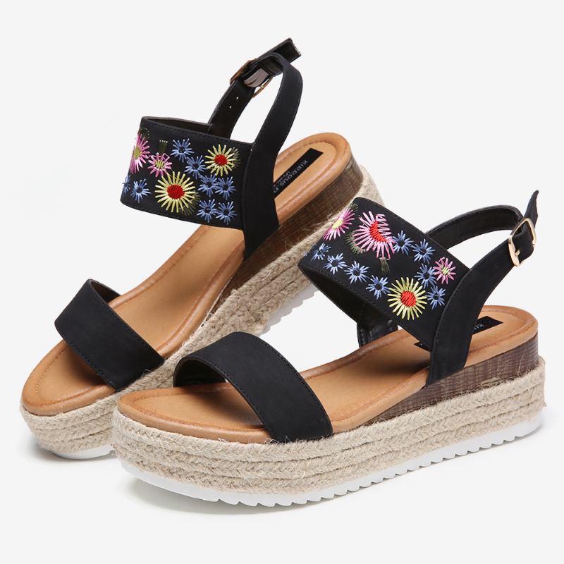 Dam Espadrilles Broderi Blommor Spänne Strap Slingback Platform Sandaler