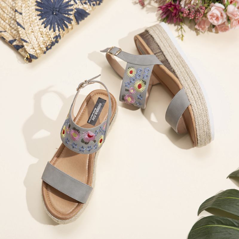 Dam Espadrilles Broderi Blommor Spänne Strap Slingback Platform Sandaler