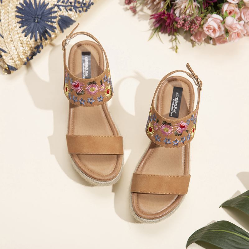 Dam Espadrilles Broderi Blommor Spänne Strap Slingback Platform Sandaler