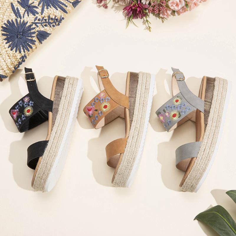 Dam Espadrilles Broderi Blommor Spänne Strap Slingback Platform Sandaler