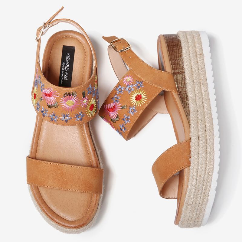 Dam Espadrilles Broderi Blommor Spänne Strap Slingback Platform Sandaler