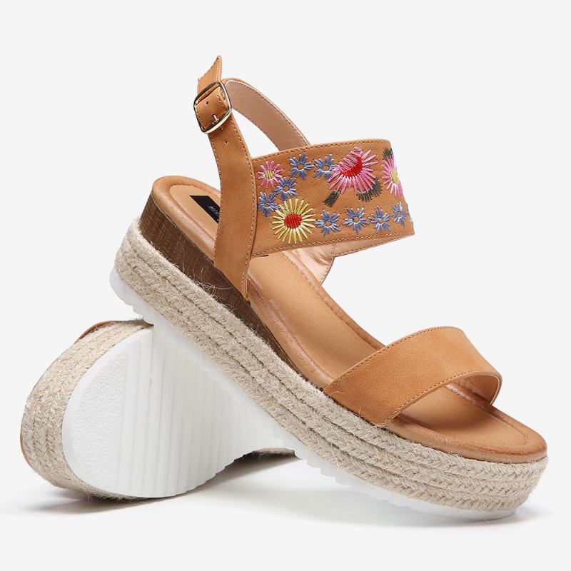 Dam Espadrilles Broderi Blommor Spänne Strap Slingback Platform Sandaler