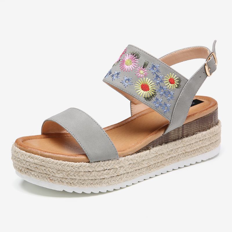 Dam Espadrilles Broderi Blommor Spänne Strap Slingback Platform Sandaler