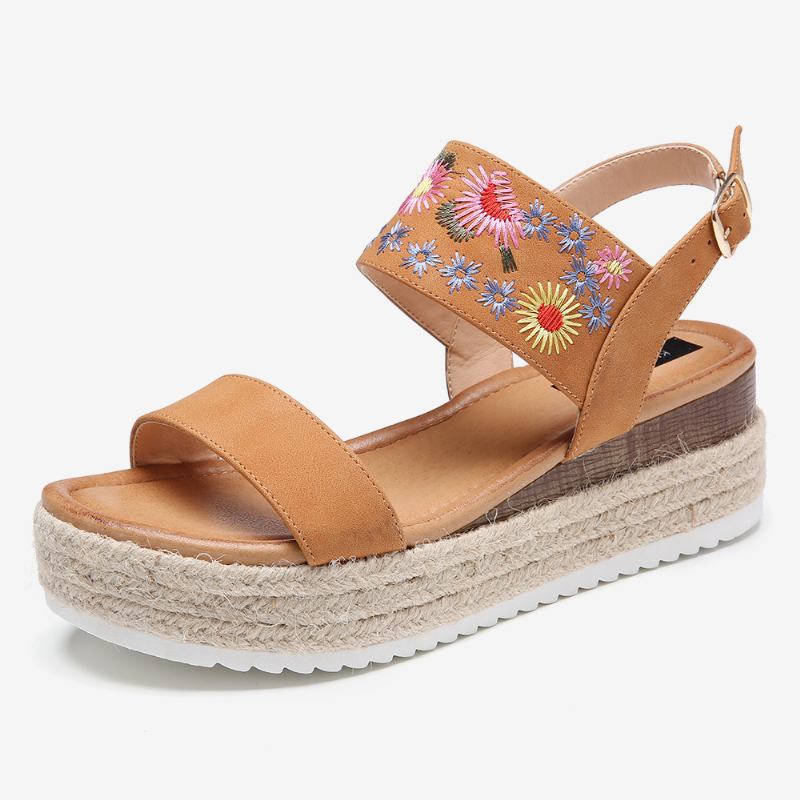 Dam Espadrilles Broderi Blommor Spänne Strap Slingback Platform Sandaler