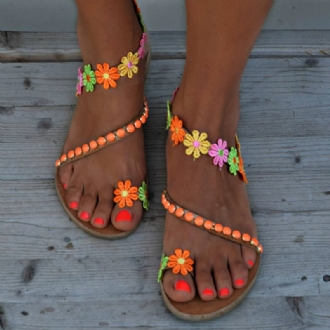 Kvinnor Bohemian Blommor Decoration Bead Slip On Clip Toe Summer Beach Flat Sandaler