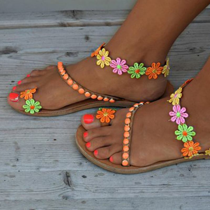 Kvinnor Bohemian Blommor Decoration Bead Slip On Clip Toe Summer Beach Flat Sandaler