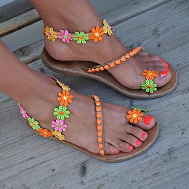 Kvinnor Bohemian Blommor Decoration Bead Slip On Clip Toe Summer Beach Flat Sandaler