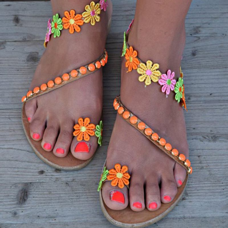 Kvinnor Bohemian Blommor Decoration Bead Slip On Clip Toe Summer Beach Flat Sandaler