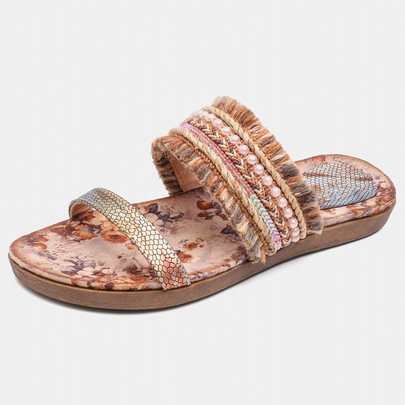 Kvinnor Bohemian Folkways Stitching Non Slip Blomstermönster Öppen Tå Sommar Beach Flat Sandaler