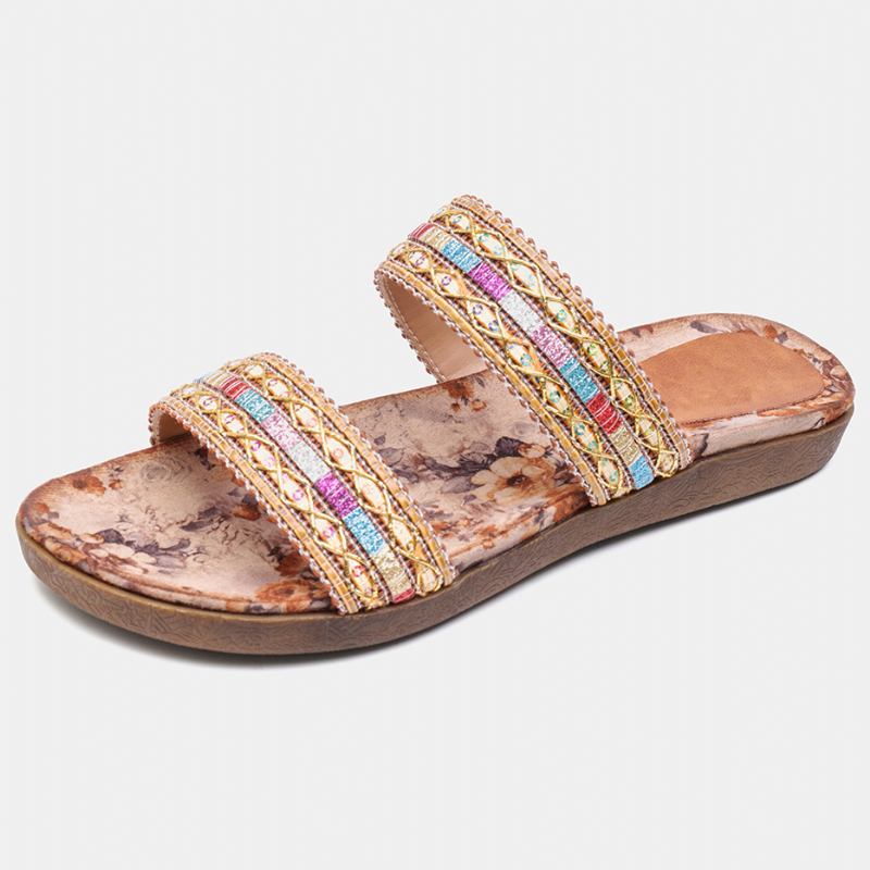 Kvinnor Bohemian Folkways Stitching Non Slip Blomstermönster Öppen Tå Sommar Beach Flat Sandaler