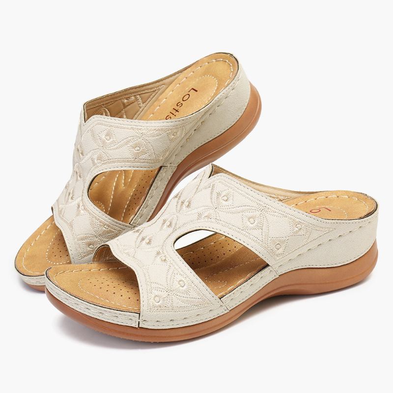 Kvinnor Broderi Öppen Tå Casual Slip On Summer Wedge Sandaler