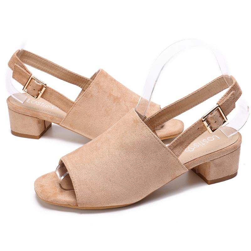 Kvinnor Enfärgad Mocka Peep Toe Slingback Chunky Heel Casual Daily Heeled Sandaler