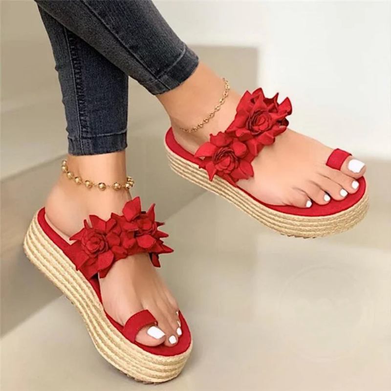 Kvinnor Espadrillos Blomsterdekoration Toe Ring Casual Beach Platform Sandaler