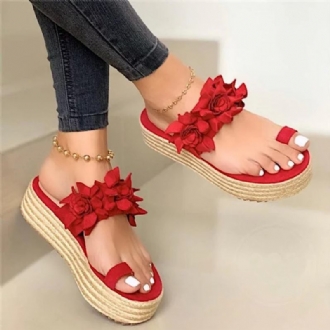 Kvinnor Espadrillos Blomsterdekoration Toe Ring Casual Beach Platform Sandaler