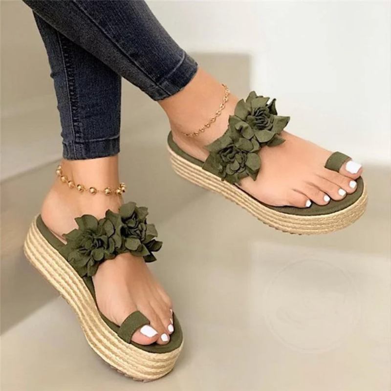 Kvinnor Espadrillos Blomsterdekoration Toe Ring Casual Beach Platform Sandaler