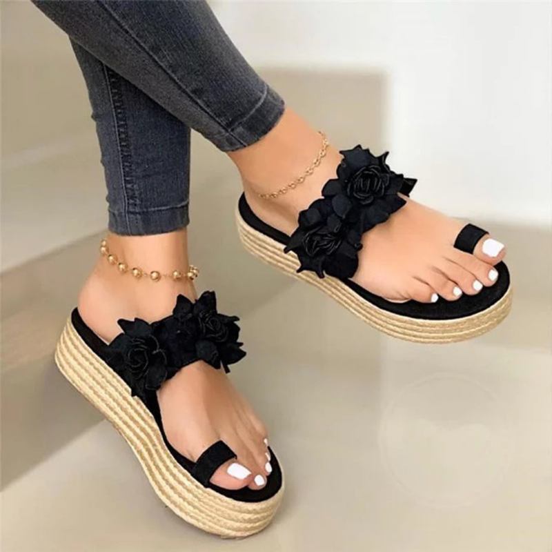 Kvinnor Espadrillos Blomsterdekoration Toe Ring Casual Beach Platform Sandaler