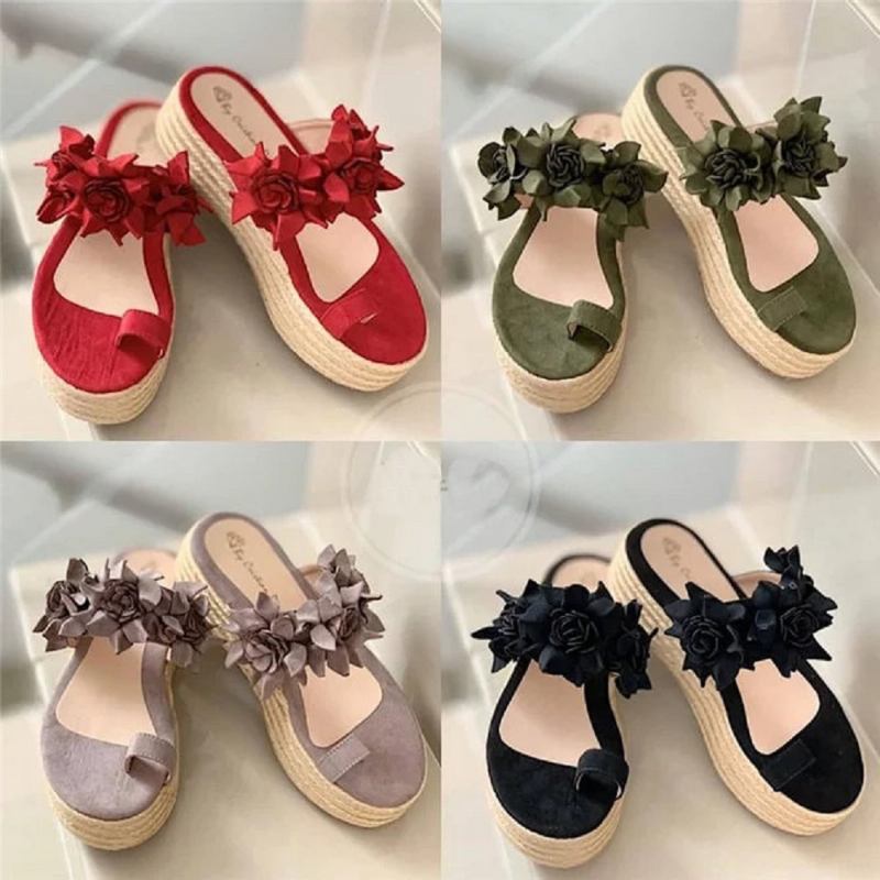 Kvinnor Espadrillos Blomsterdekoration Toe Ring Casual Beach Platform Sandaler