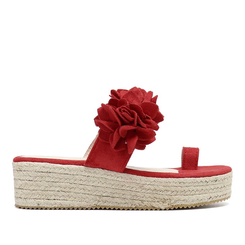 Kvinnor Espadrillos Blomsterdekoration Toe Ring Casual Beach Platform Sandaler