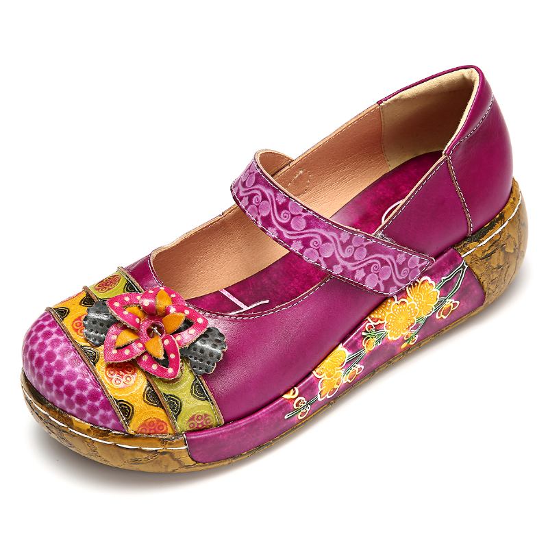 Kvinnor I Äkta Läder Folkways Vintage Blommor Krokögla Sommarplattform Wedge Sandaler