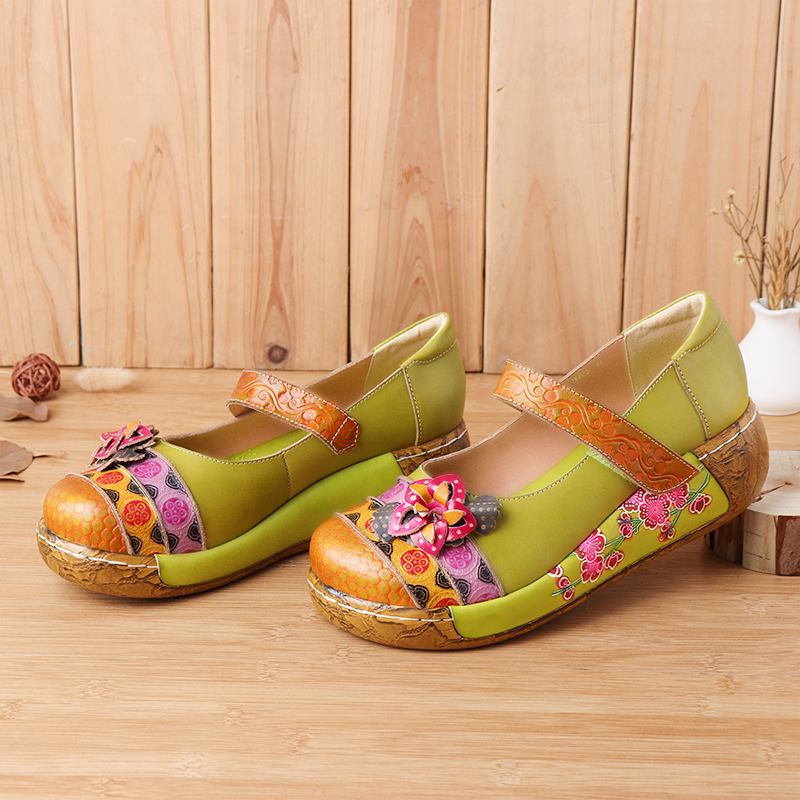 Kvinnor I Äkta Läder Folkways Vintage Blommor Krokögla Sommarplattform Wedge Sandaler