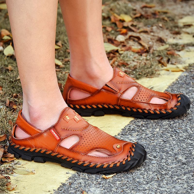 Läder För Män Casual Andas Vikbar Tjockbottnad Utomhus Halkfria Strandskor