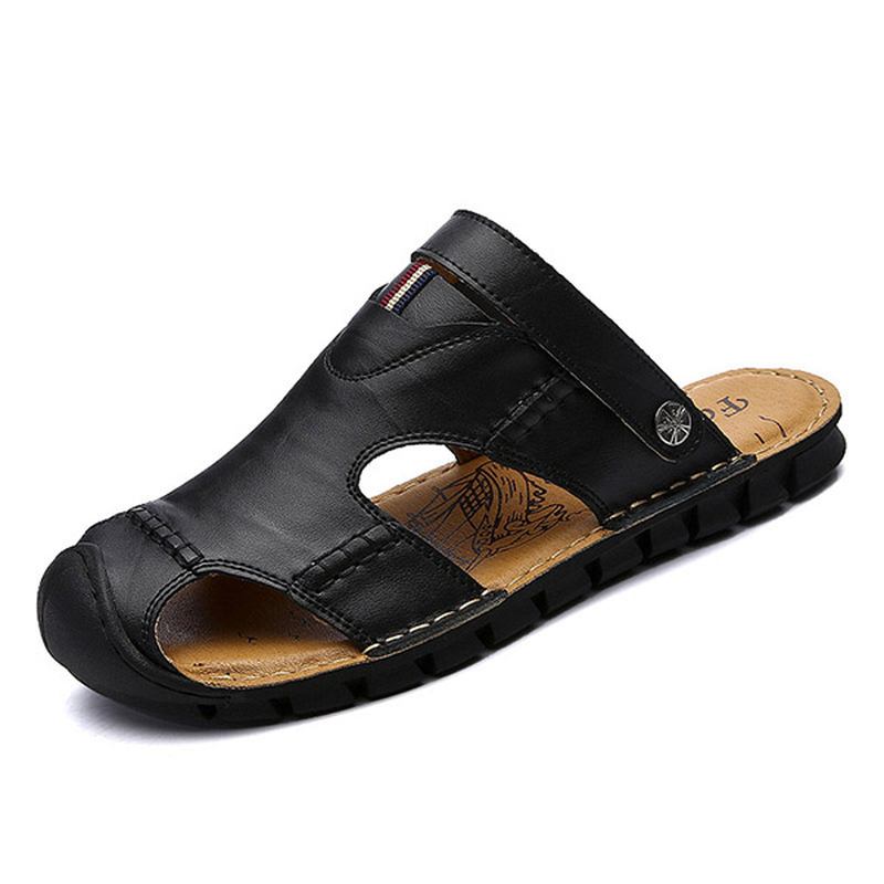 Män Casual Mjuk Anti Collision Toe Sandaler I Äkta Läder