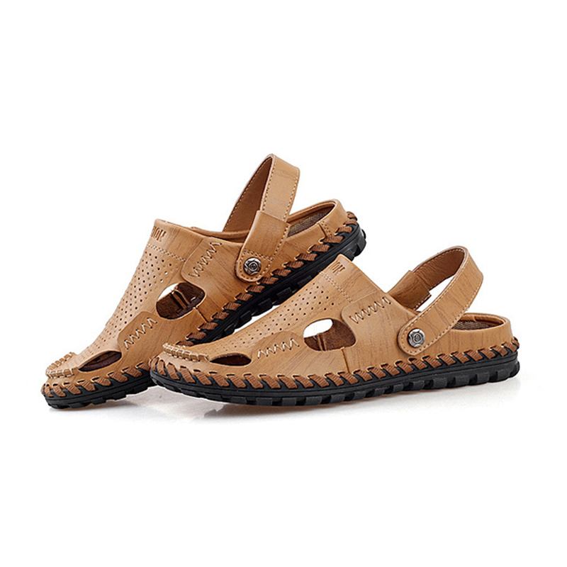 Män Sommar Läder Sandal Casual Rund Tå Utomhus Platt Mode Mjuk Strand Tofflor