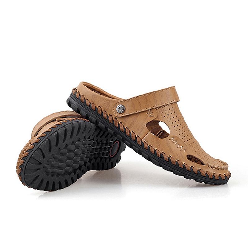 Män Sommar Läder Sandal Casual Rund Tå Utomhus Platt Mode Mjuk Strand Tofflor