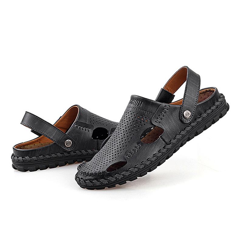 Män Sommar Läder Sandal Casual Rund Tå Utomhus Platt Mode Mjuk Strand Tofflor