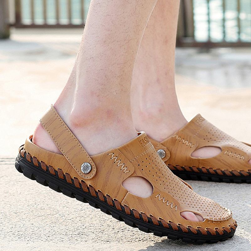 Män Sommar Läder Sandal Casual Rund Tå Utomhus Platt Mode Mjuk Strand Tofflor