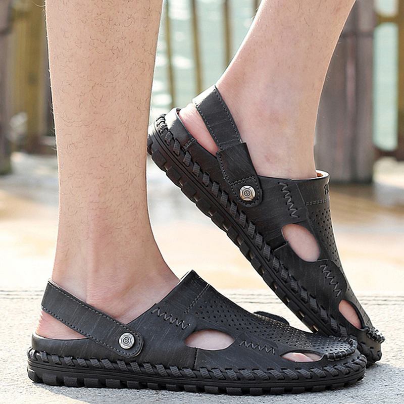 Män Sommar Läder Sandal Casual Rund Tå Utomhus Platt Mode Mjuk Strand Tofflor