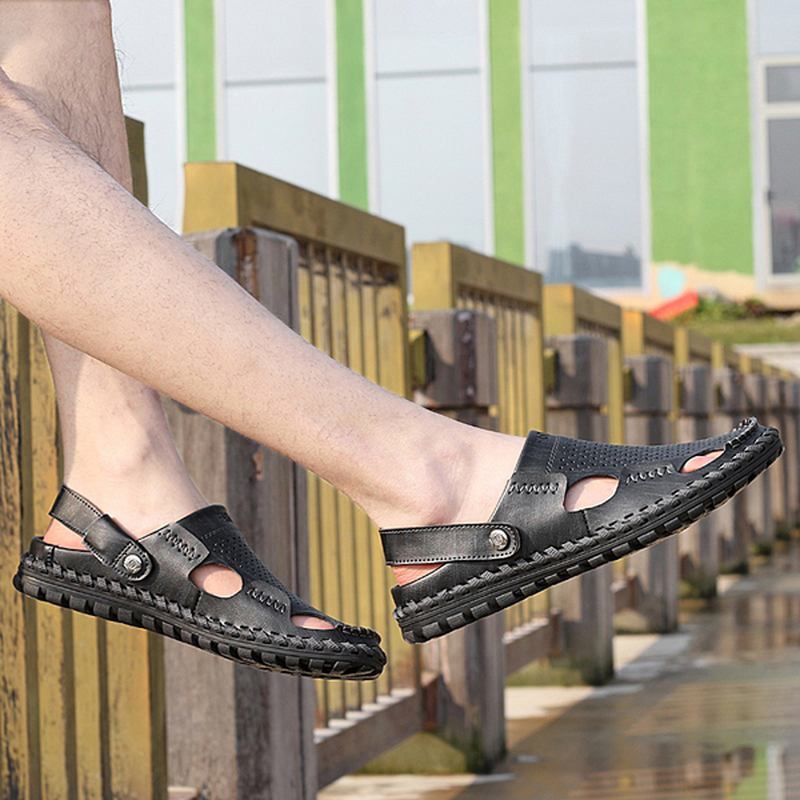 Män Sommar Läder Sandal Casual Rund Tå Utomhus Platt Mode Mjuk Strand Tofflor