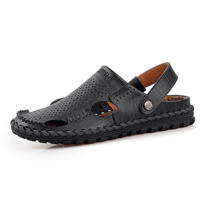 Män Sommar Läder Sandal Casual Rund Tå Utomhus Platt Mode Mjuk Strand Tofflor