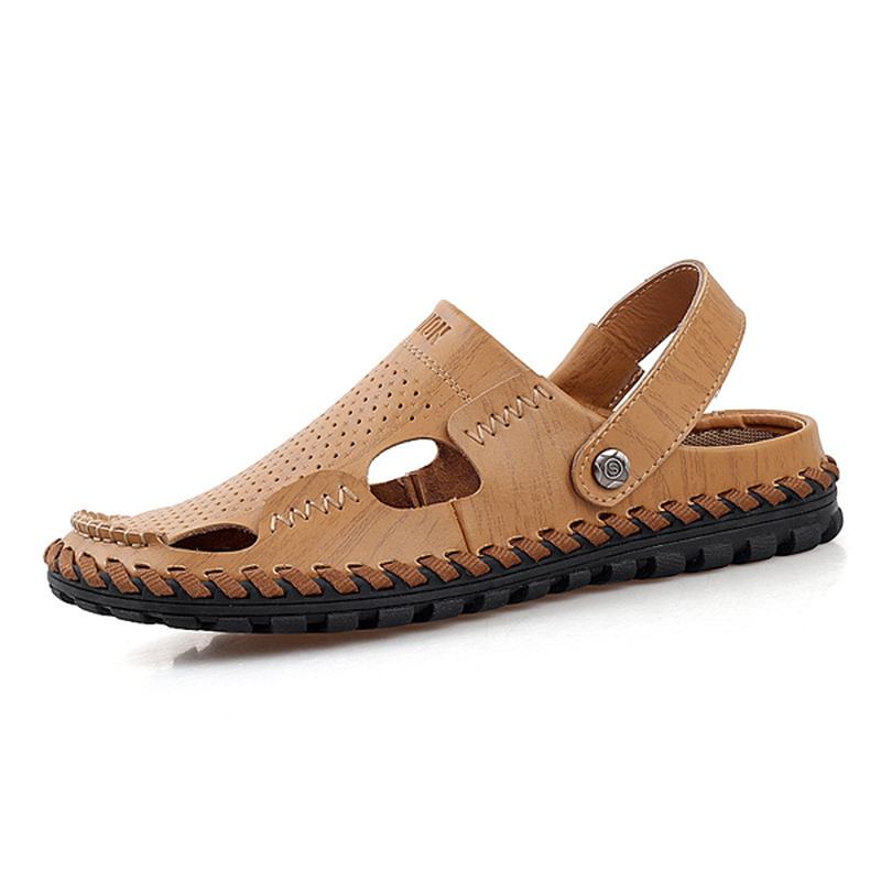 Män Sommar Läder Sandal Casual Rund Tå Utomhus Platt Mode Mjuk Strand Tofflor