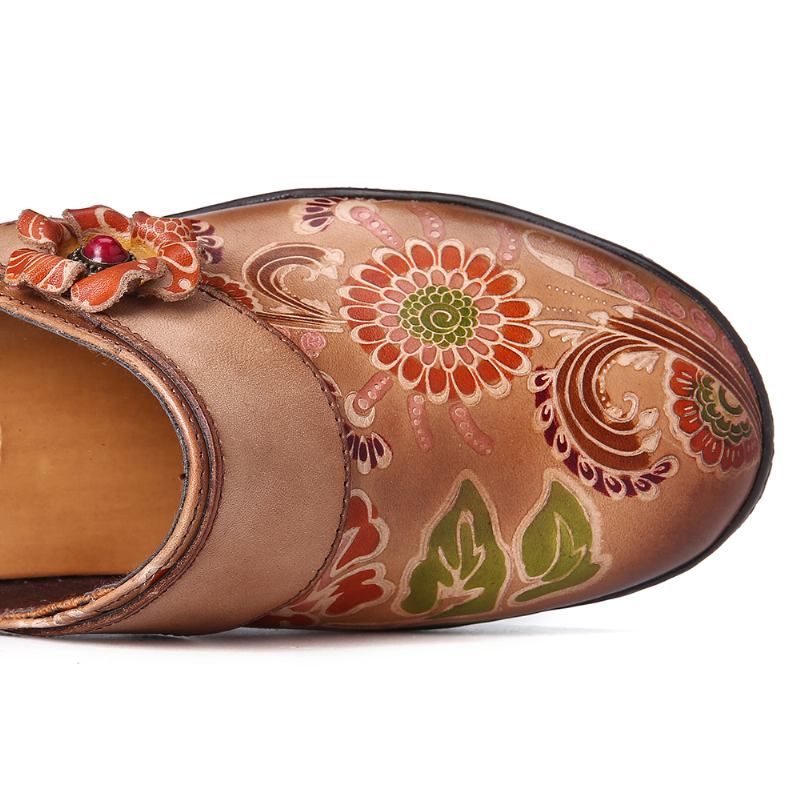 Retro Blommigt Präglade Äkta Läder Super Slip On Shoes