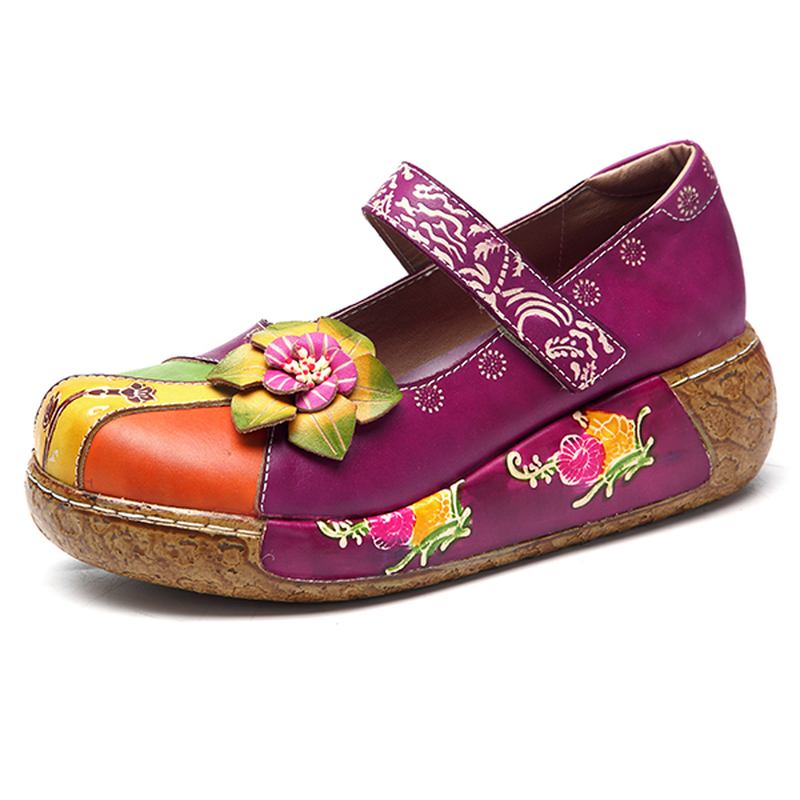 Retro Färgglada Läder Handgjorda Blommor Flats Skor