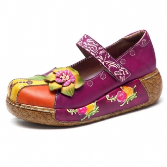 Retro Färgglada Läder Handgjorda Blommor Flats Skor