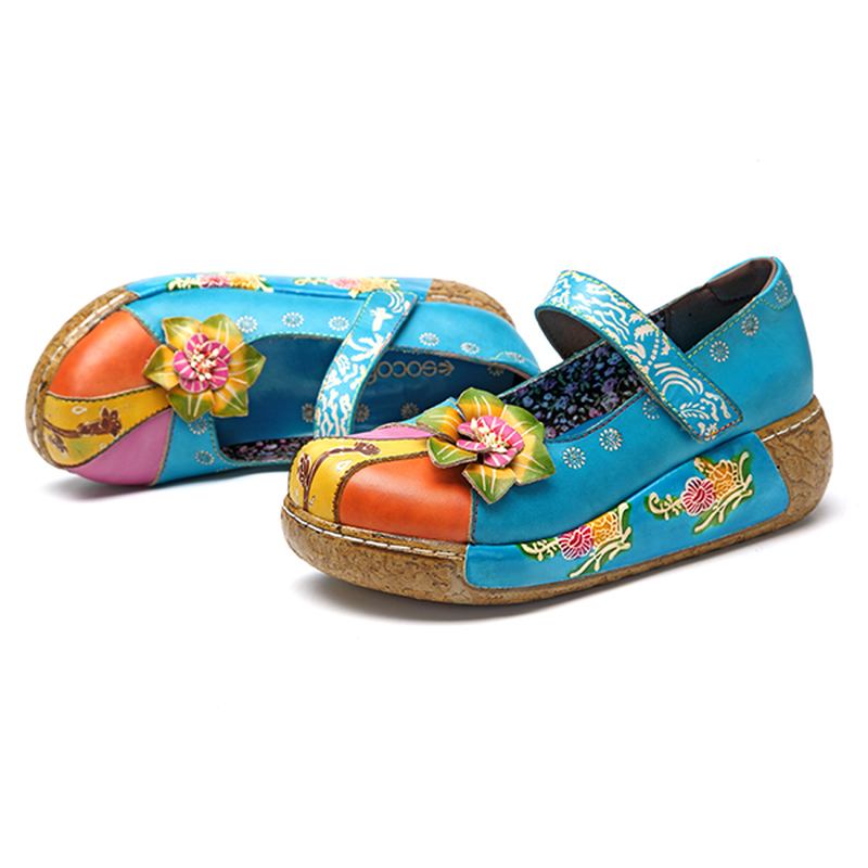 Retro Färgglada Läder Handgjorda Blommor Flats Skor