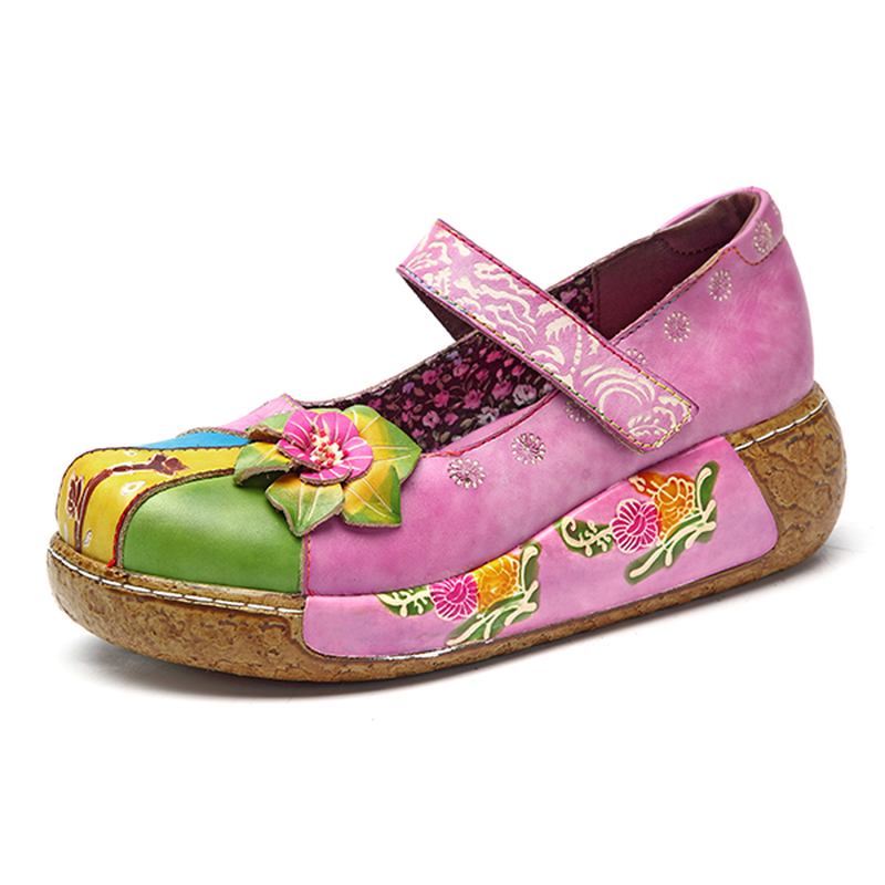 Retro Färgglada Läder Handgjorda Blommor Flats Skor