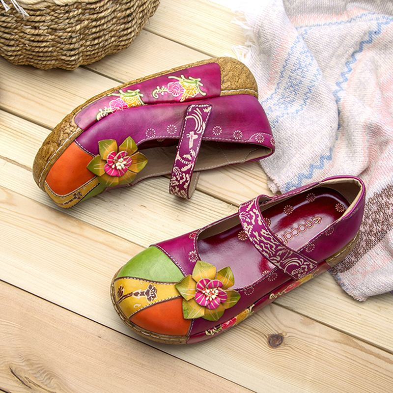 Retro Färgglada Läder Handgjorda Blommor Flats Skor