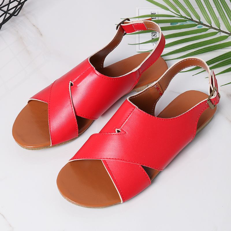 Wome Beach Peep Toe Cross Spänne Flats Sandaler