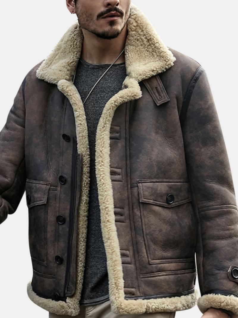 Herr Biker Jacka Big Pocket Shearling Konstläder