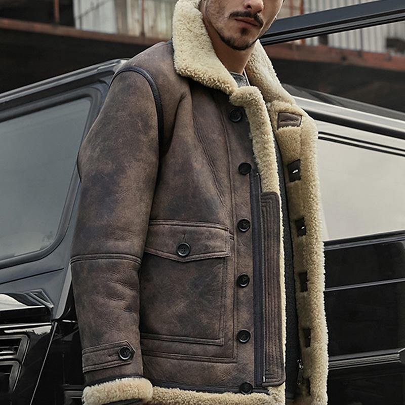 Herr Biker Jacka Big Pocket Shearling Konstläder